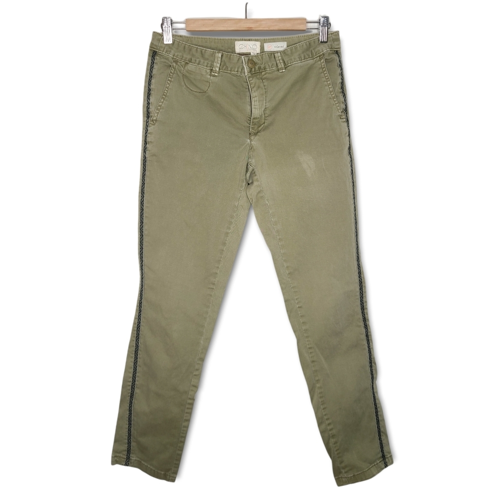 Chino by Anthropologie Relaxed Tux Side Stripe Straight Pant Olive Army Green 27